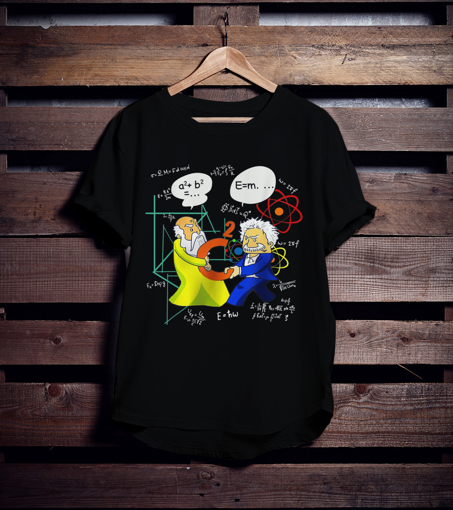 Pythagoras Einstein Battle Funny Science Equations Showdown T-Shirt