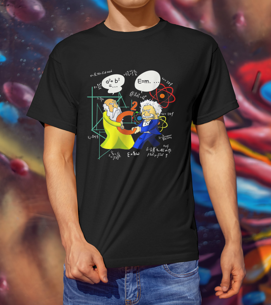 Pythagoras Einstein Battle Funny Science Equations Showdown T-Shirt