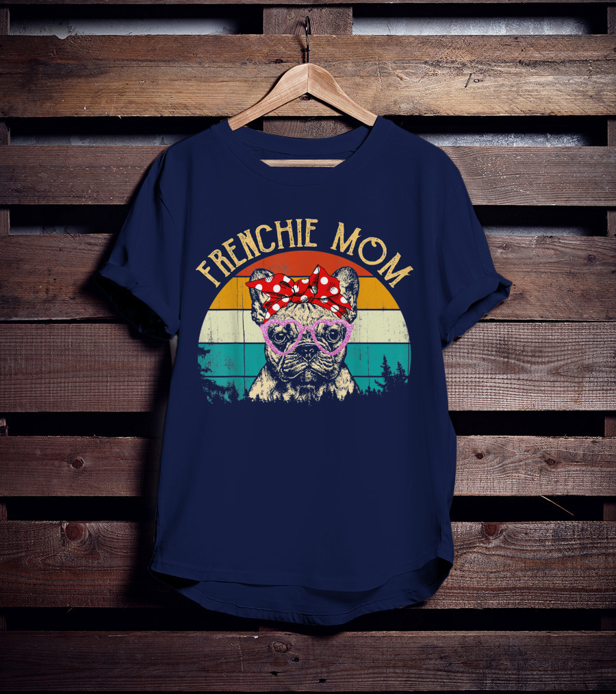Frenchie Mom Retro Sunset Heart Glasses Bow T-Shirt