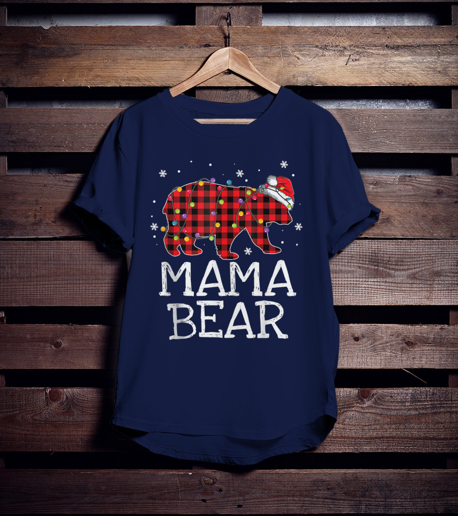 Mama Bear Red Plaid Christmas Lights Santa Hat Snowflakes T-Shirt