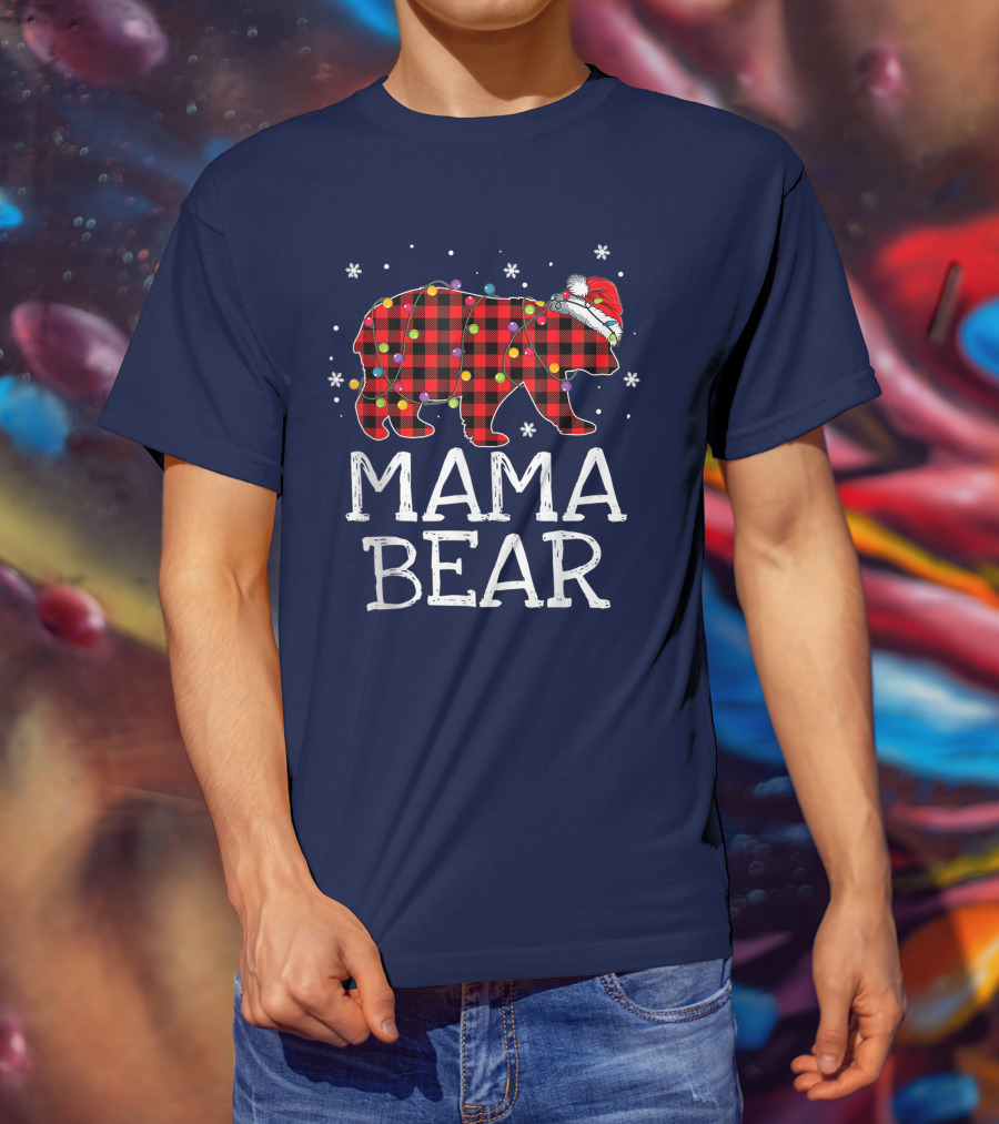 Mama Bear Red Plaid Christmas Lights Santa Hat Snowflakes T-Shirt