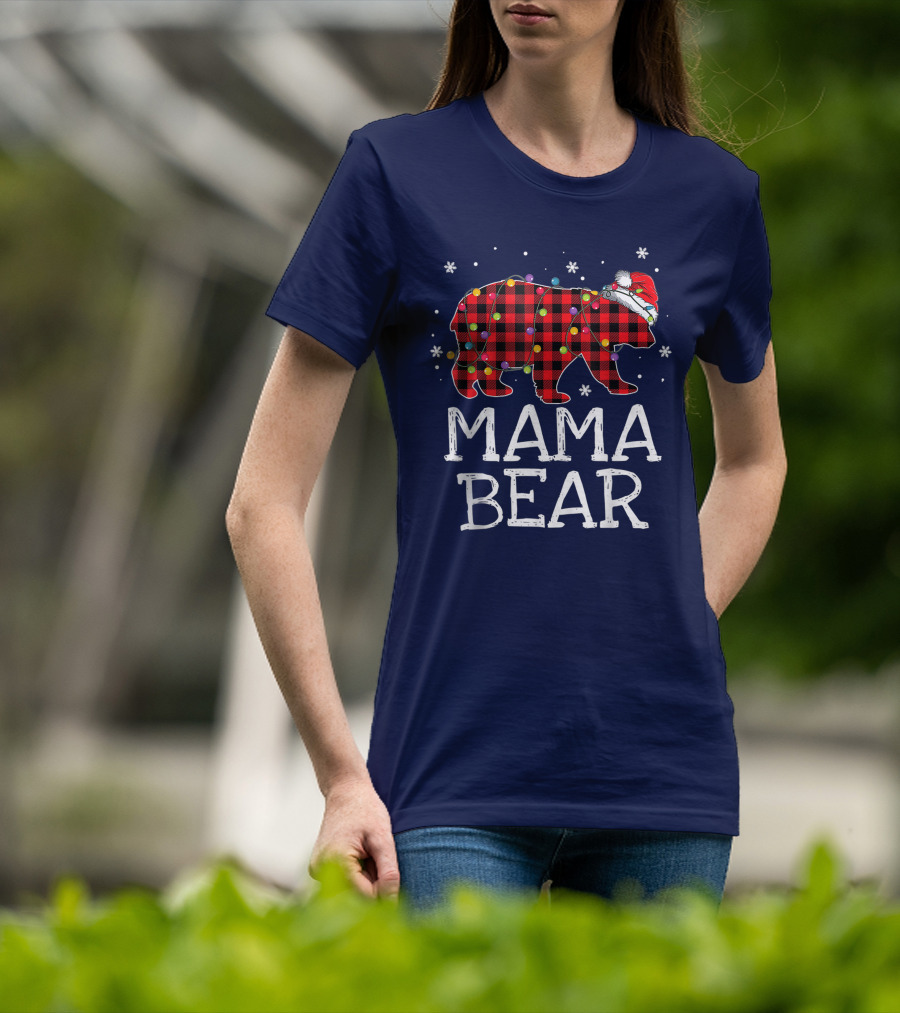 Mama Bear Red Plaid Christmas Lights Santa Hat Snowflakes T-Shirt