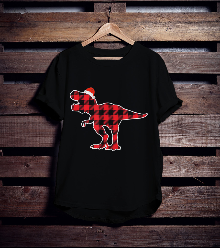 Red Plaid Dinosaur Wearing Santa Hat T-Shirt