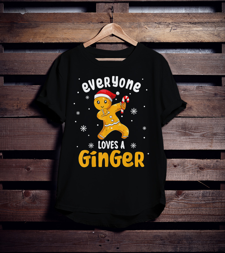 Everyone Loves A Ginger Christmas Gingerbread Man With Santa Hat And Candy Cane T-Shirt