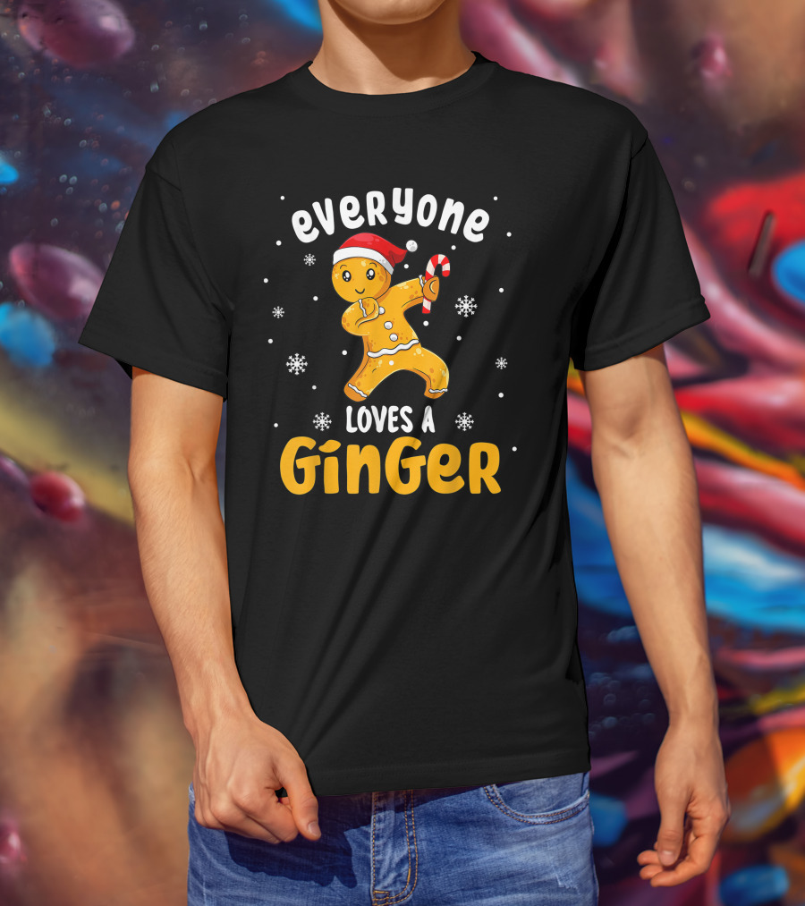 Everyone Loves A Ginger Christmas Gingerbread Man With Santa Hat And Candy Cane T-Shirt