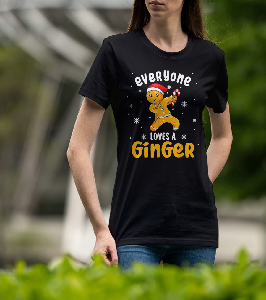 Everyone Loves A Ginger Christmas Gingerbread Man With Santa Hat And Candy Cane T-Shirt
