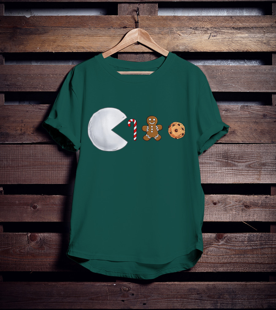 Christmas Snowball Candy Cane Gingerbread Cookie Pac-Man T-Shirt
