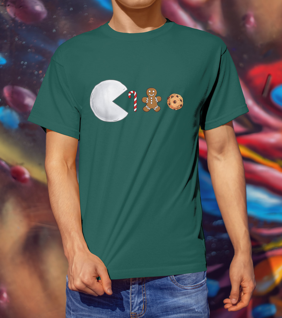 Christmas Snowball Candy Cane Gingerbread Cookie Pac-Man T-Shirt