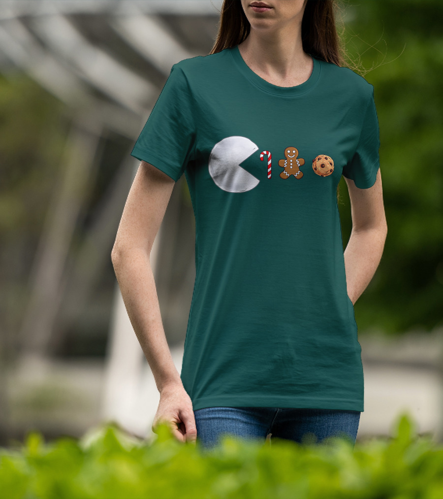 Christmas Snowball Candy Cane Gingerbread Cookie Pac-Man T-Shirt