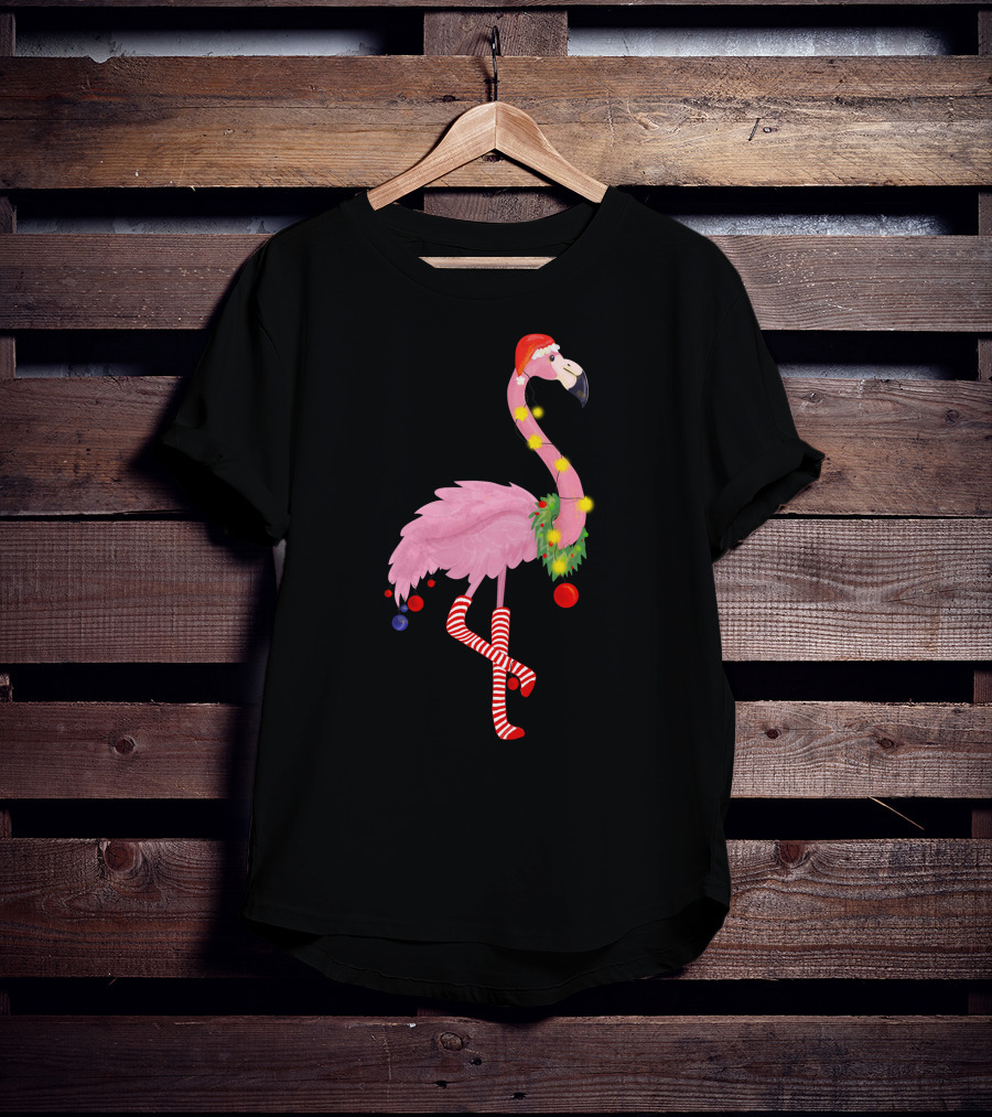 Flamingo Christmas Santa Hat Candy Cane Leggings T-Shirt