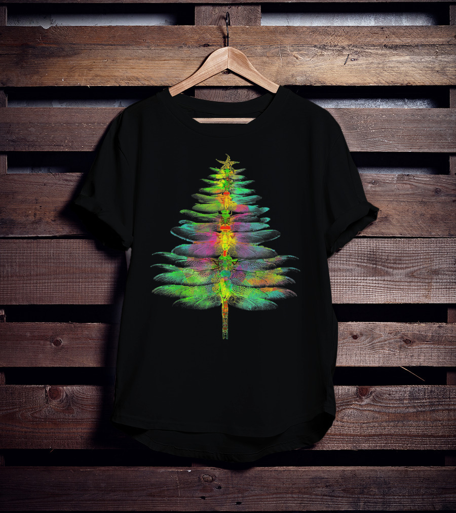 Funny Dragonfly Christmas Tree Multicolored Wings T-Shirt