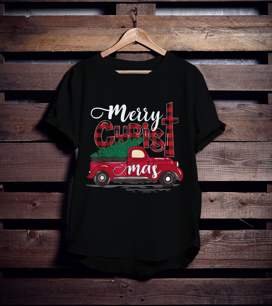 Merry Christmas Buffalo Plaid Christian Cross With Red Truck T-Shirt