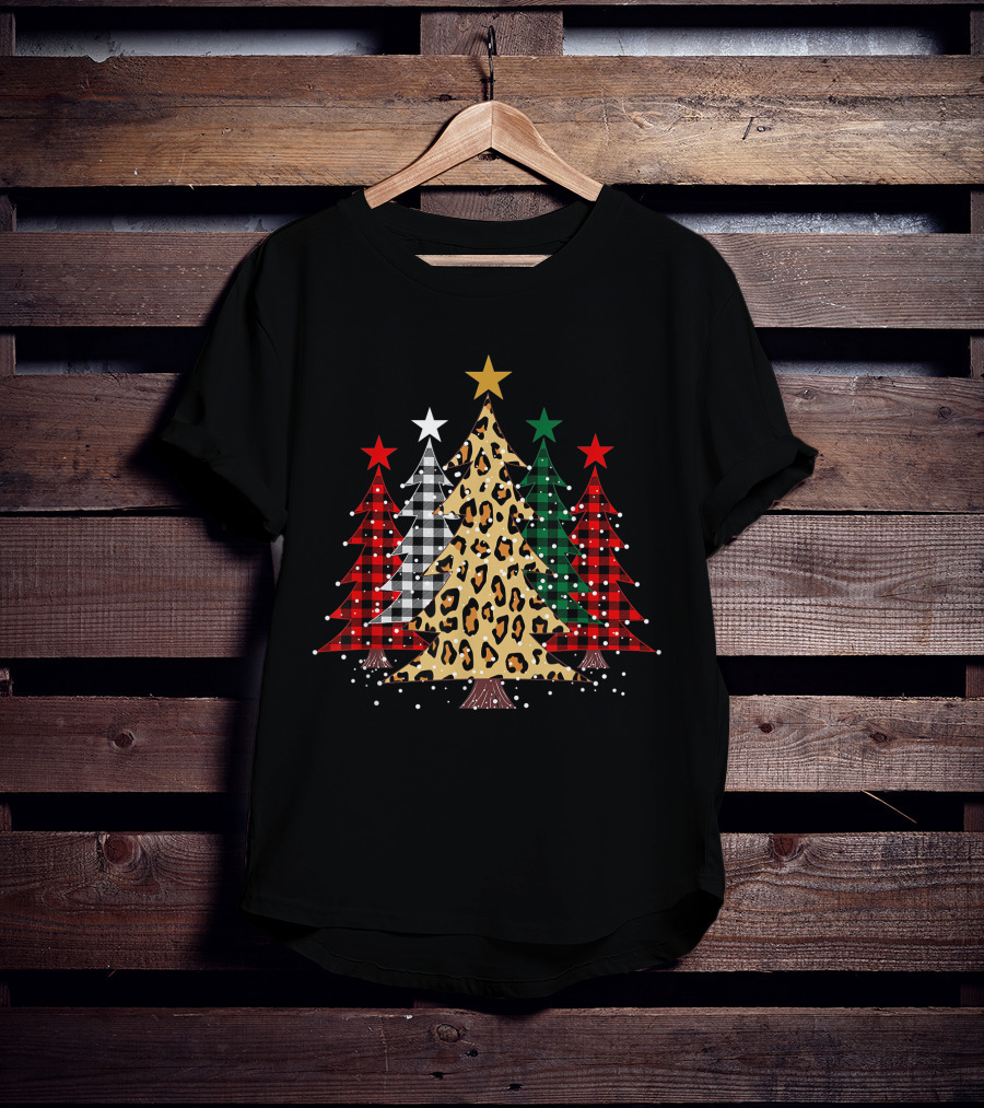 Merry Christmas Trees Buffalo Plaid Leopard Stars Holiday T-Shirt