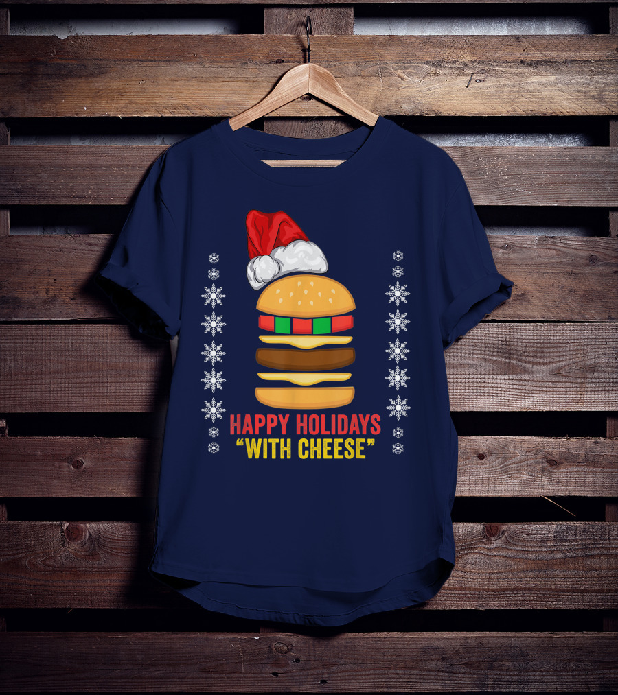 Happy Holidays With Cheese Christmas Cheeseburger Santa Hat Snowflakes T-Shirt