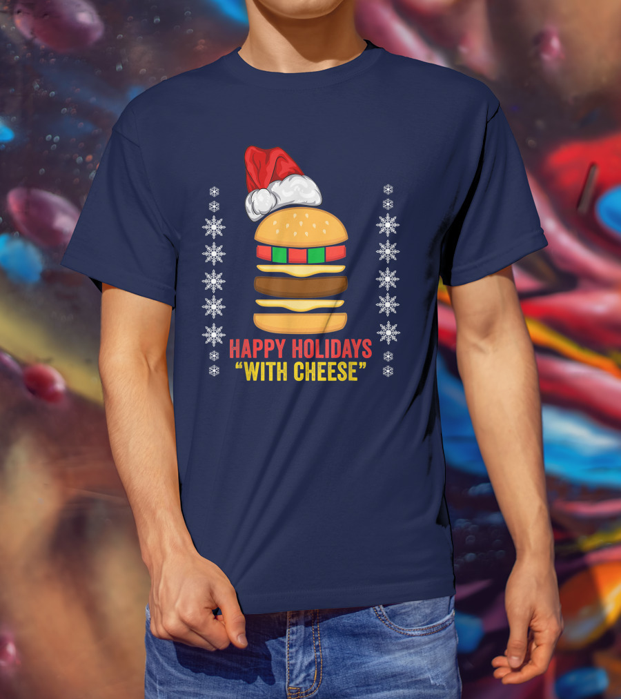 Happy Holidays With Cheese Christmas Cheeseburger Santa Hat Snowflakes T-Shirt