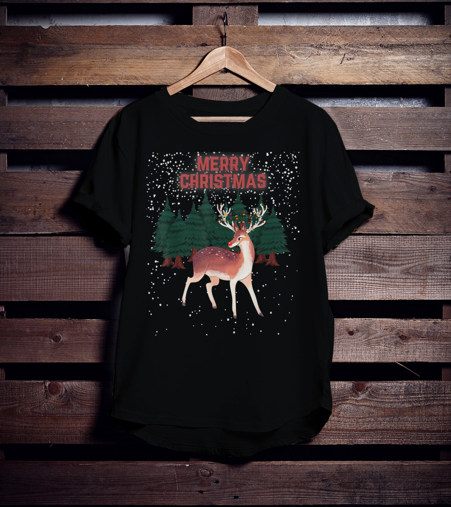 Merry Christmas Reindeer Rudolph Tangled Christmas Lights Snowy Forest T-Shirt