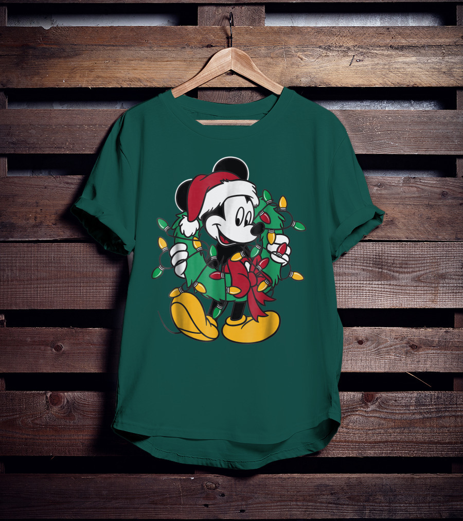 Disney Mickey Mouse Santa Hat Christmas Lights Wreath T-Shirt