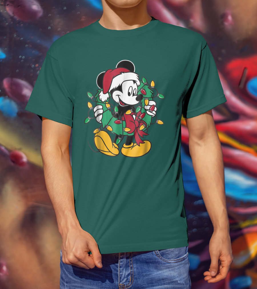 Disney Mickey Mouse Santa Hat Christmas Lights Wreath T-Shirt