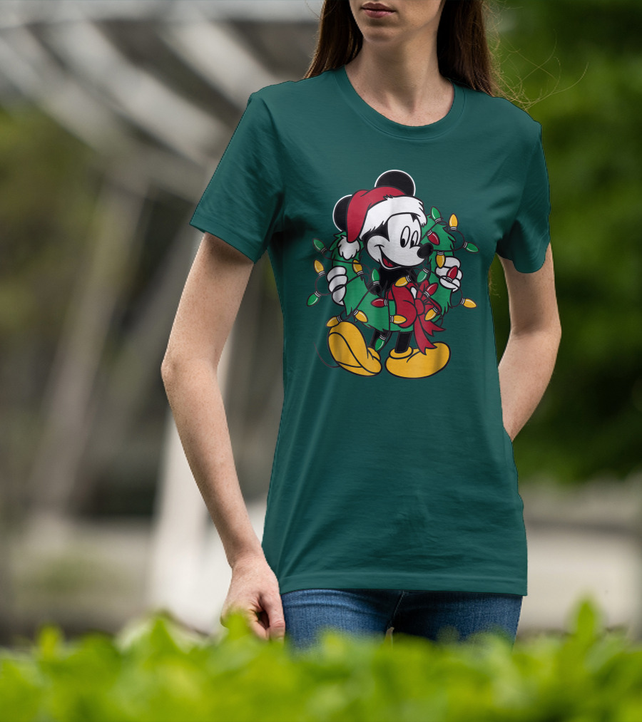 Disney Mickey Mouse Santa Hat Christmas Lights Wreath T-Shirt