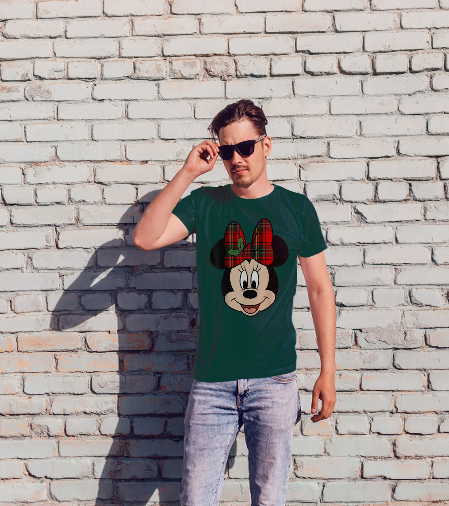 Disney Minnie Mouse Plaid Christmas Bow With Holly T-Shirt