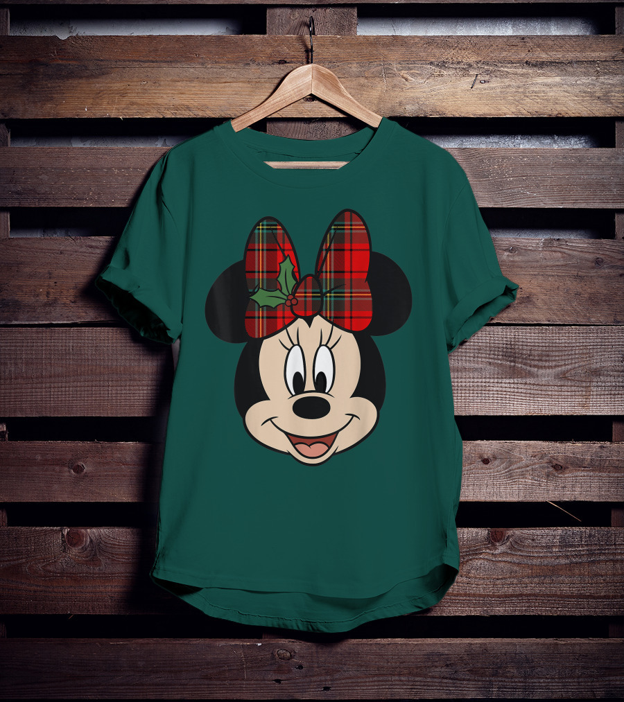Disney Minnie Mouse Plaid Christmas Bow With Holly T-Shirt