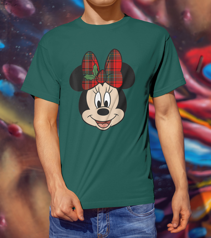 Disney Minnie Mouse Plaid Christmas Bow With Holly T-Shirt