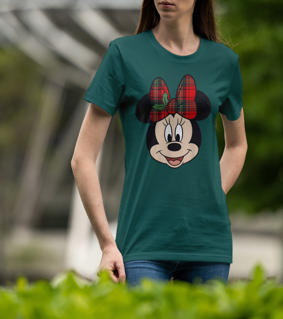 Disney Minnie Mouse Plaid Christmas Bow With Holly T-Shirt