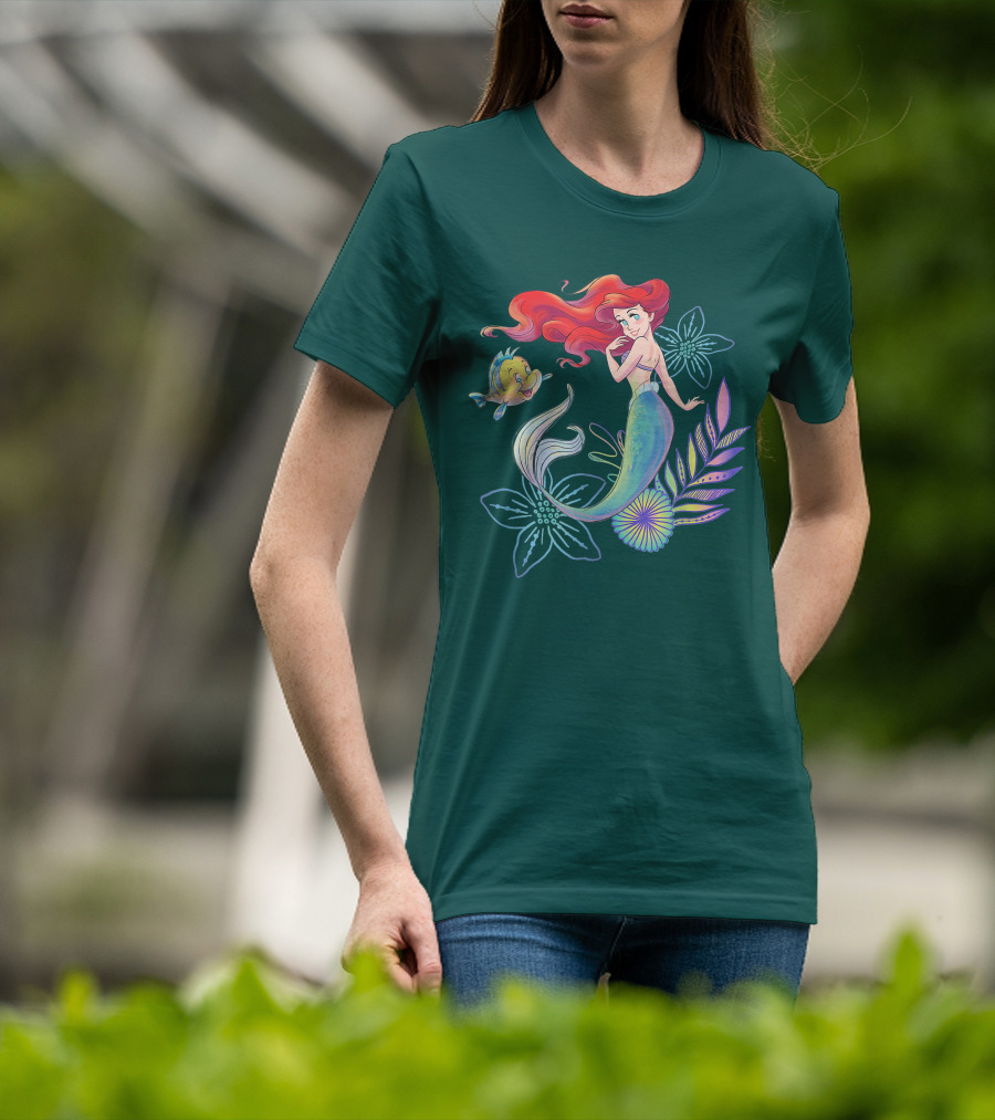 Disney The Little Mermaid Ariel Flounder Floral T-Shirt