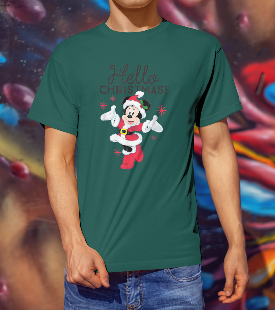Disney Minnie Mouse Hello Christmas Holiday Santa T-Shirt