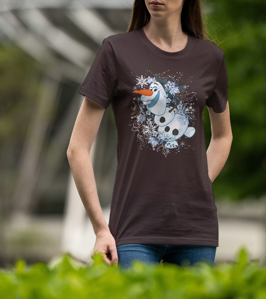 Olaf Dancing Surrounded By Snowflakes And Flowers From Disney Frozen T-Shirt