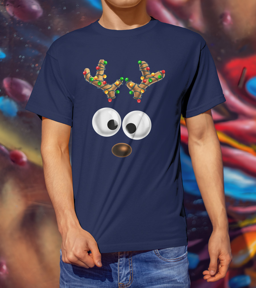 Colorful Lights Reindeer Face Christmas Matching Family T-Shirt