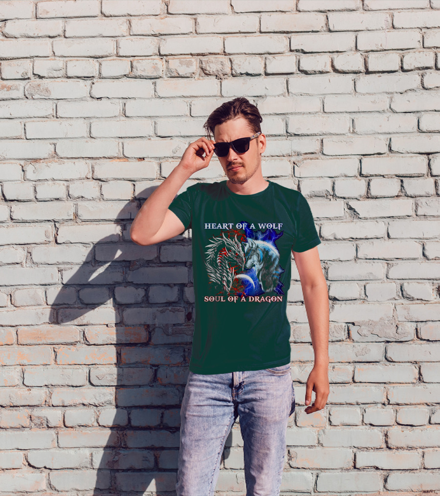 HEART OF A WOLF SOUL OF A DRAGON Wolf Dragon Lightning Planet Cracked Earth T-Shirt