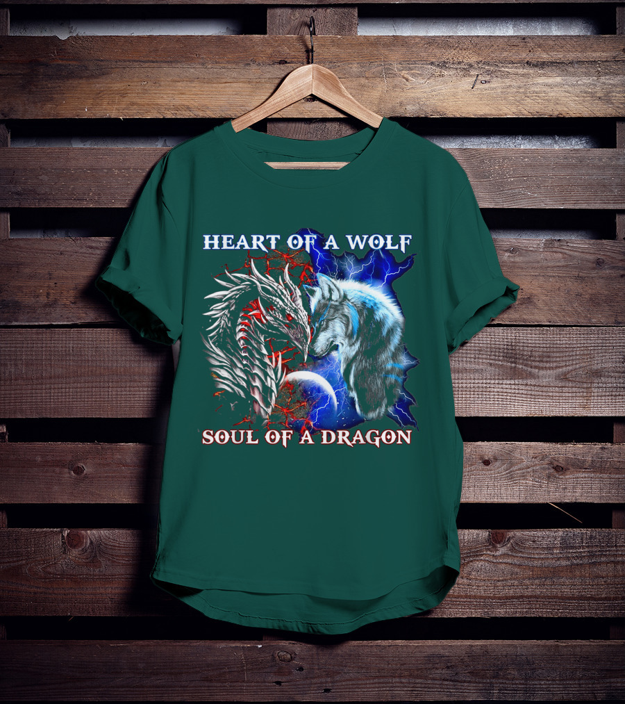 HEART OF A WOLF SOUL OF A DRAGON Wolf Dragon Lightning Planet Cracked Earth T-Shirt