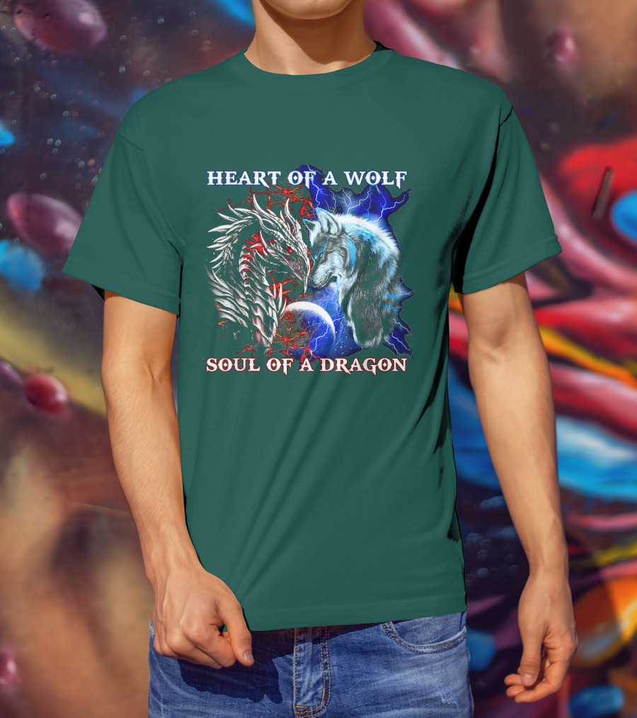 HEART OF A WOLF SOUL OF A DRAGON Wolf Dragon Lightning Planet Cracked Earth T-Shirt