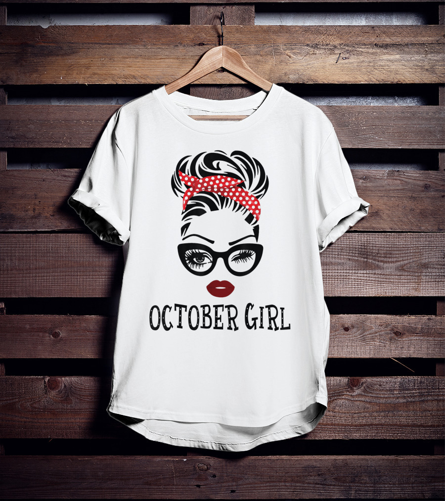 October Girl Woman Face Wink Eyes Red Lipstick Polka Dot Headband T-Shirt