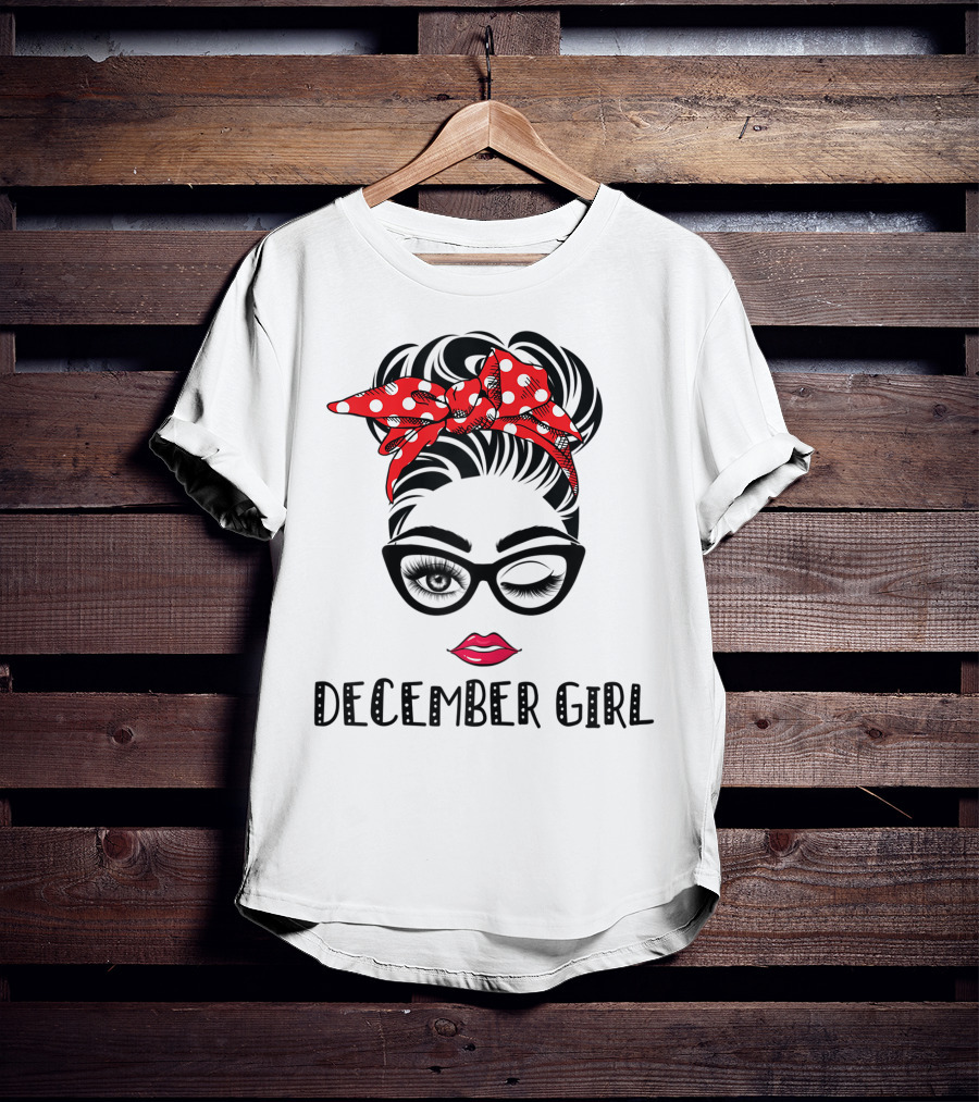 December Girl Woman Face Wink Eyes Lady Face Birthday Red Polka Dot Headband T-Shirt