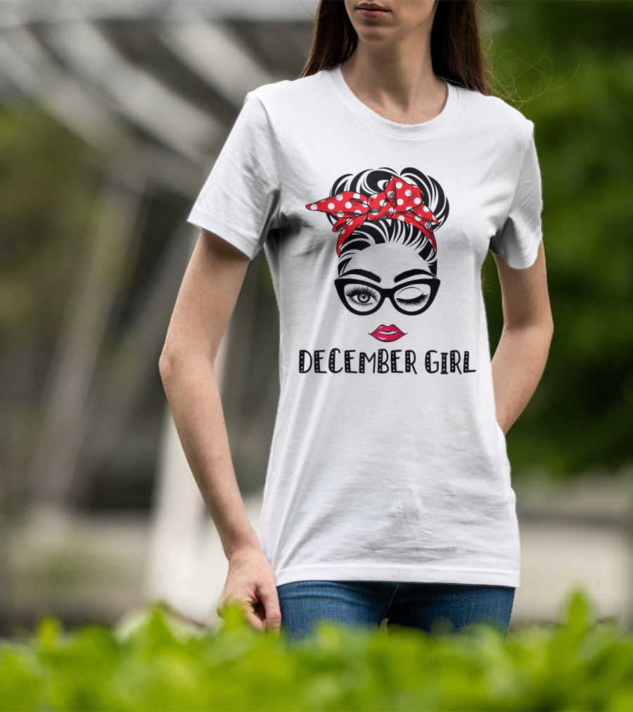 December Girl Woman Face Wink Eyes Lady Face Birthday Red Polka Dot Headband T-Shirt