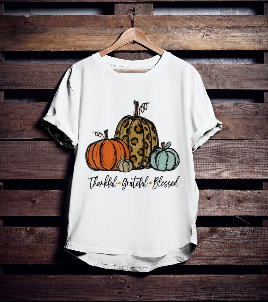 Thankful Grateful Blessed Leopard Print Pumpkin Thanksgiving Day T-Shirt