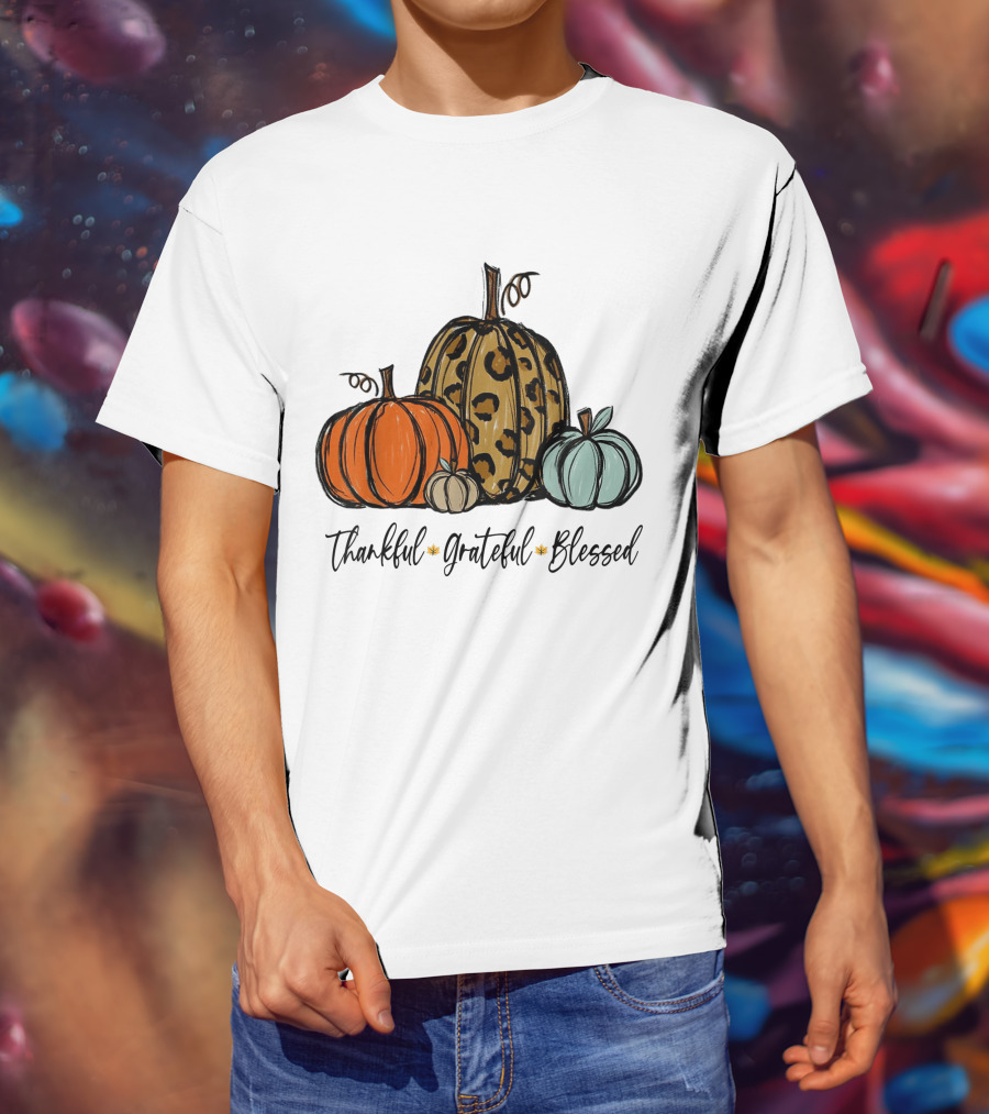 Thankful Grateful Blessed Leopard Print Pumpkin Thanksgiving Day T-Shirt