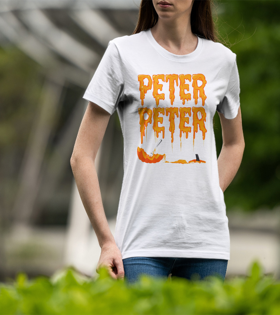 Peter Peter Pumpkin Eater Dripping Orange Text With Fork In Pumpkin T-Shirt
