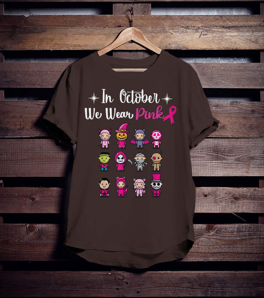In October We Wear Pink Breast Cancer Awareness Halloween Characters T-Shirt