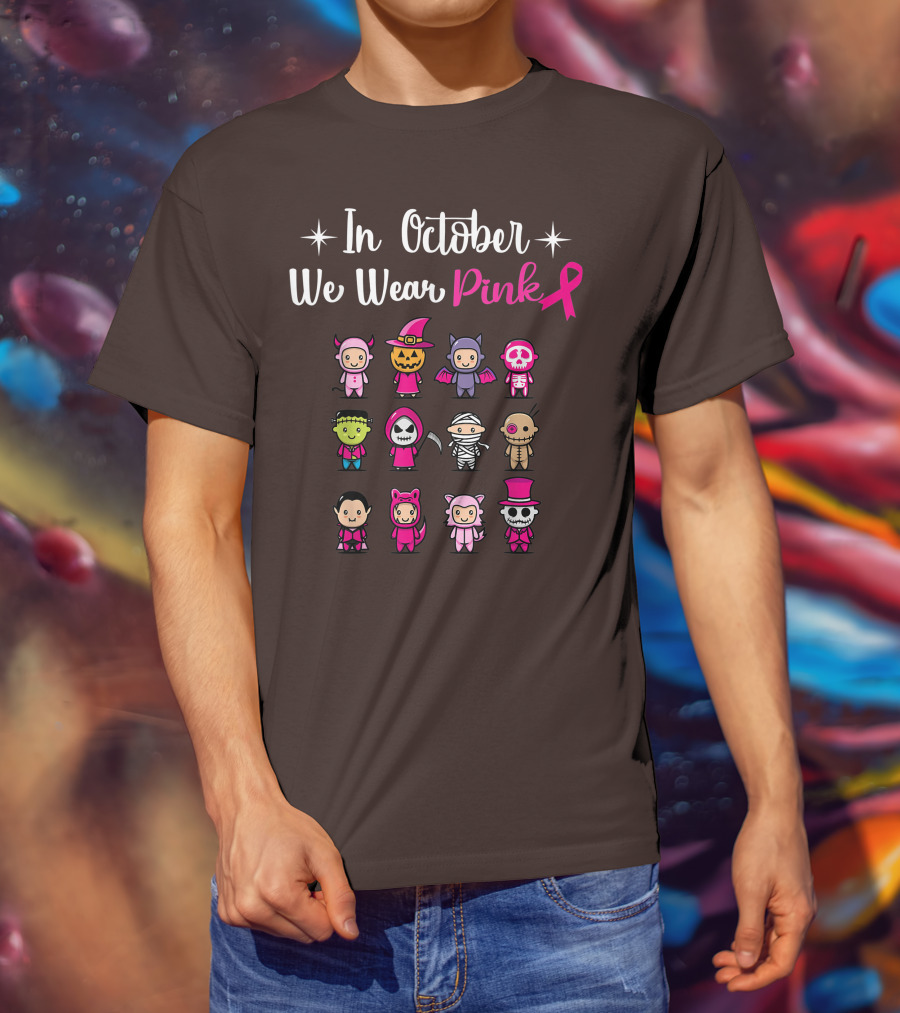 In October We Wear Pink Breast Cancer Awareness Halloween Characters T-Shirt