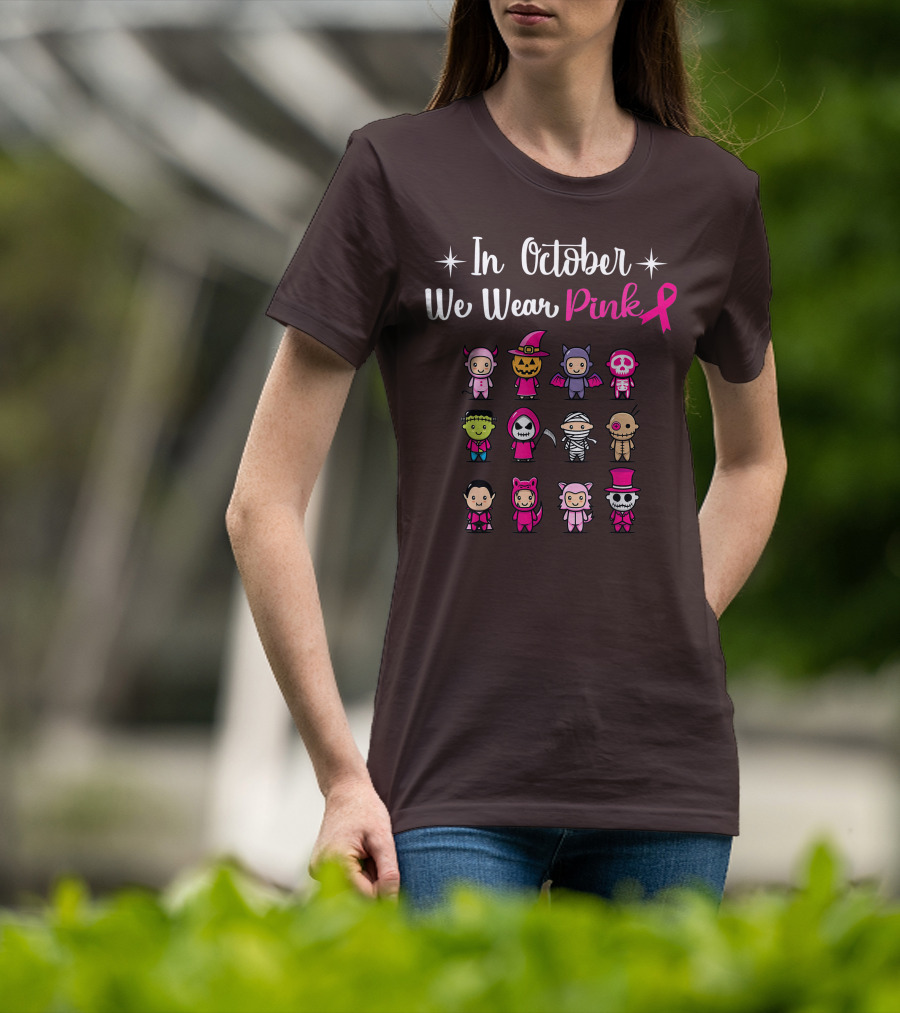 In October We Wear Pink Breast Cancer Awareness Halloween Characters T-Shirt