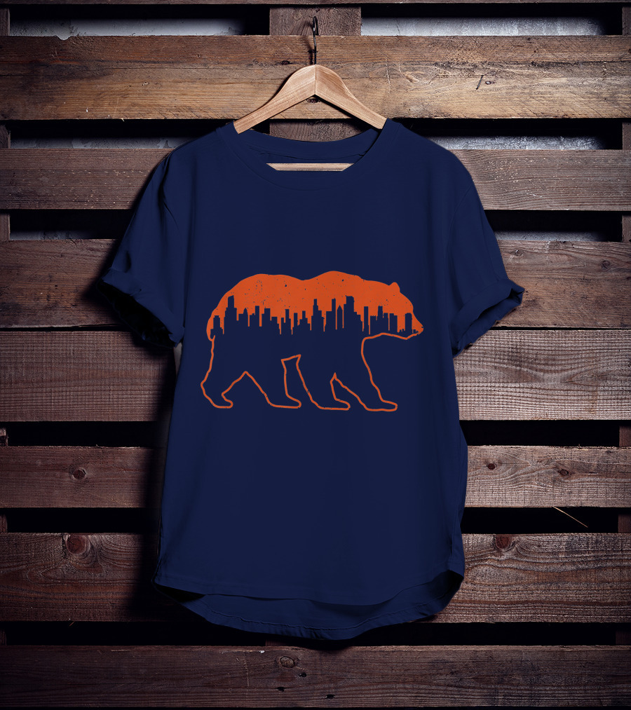 Vintage Downtown Chicago City Skyline Bear Silhouette Novelty T-Shirt
