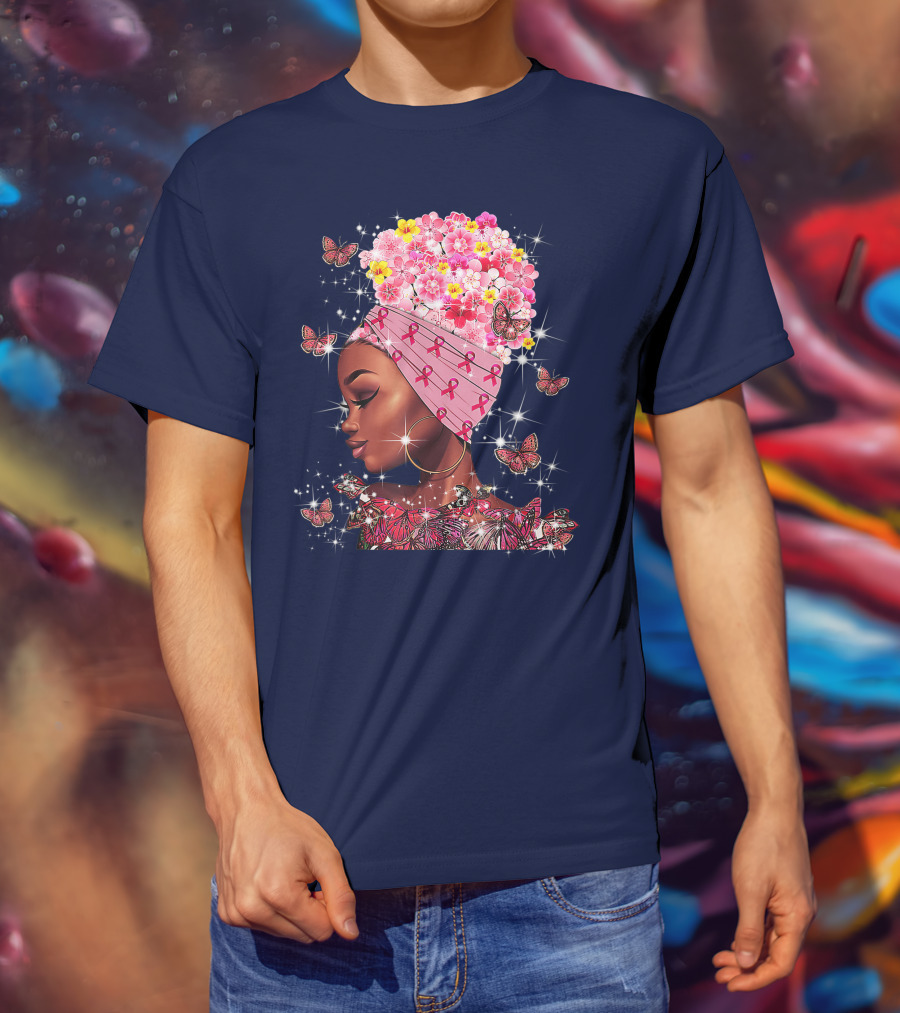 In October We Wear Pink Black Flowers Butterflies Ribbons T-Shirt