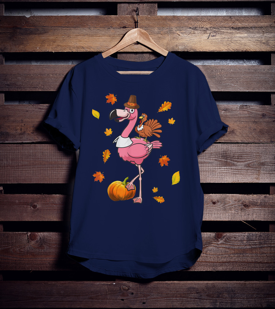Thanksgiving Flamingo Pilgrim And Turkey With Autumn Leaves And Pumpkin T-Shirt