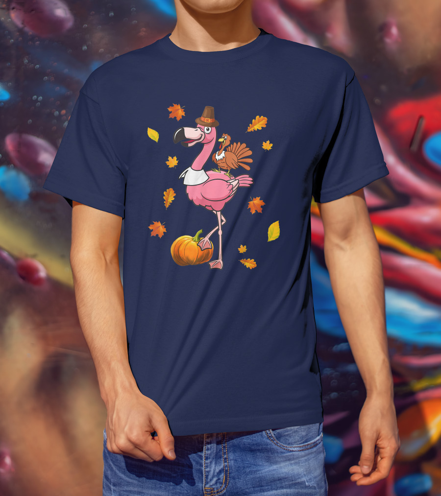 Thanksgiving Flamingo Pilgrim And Turkey With Autumn Leaves And Pumpkin T-Shirt
