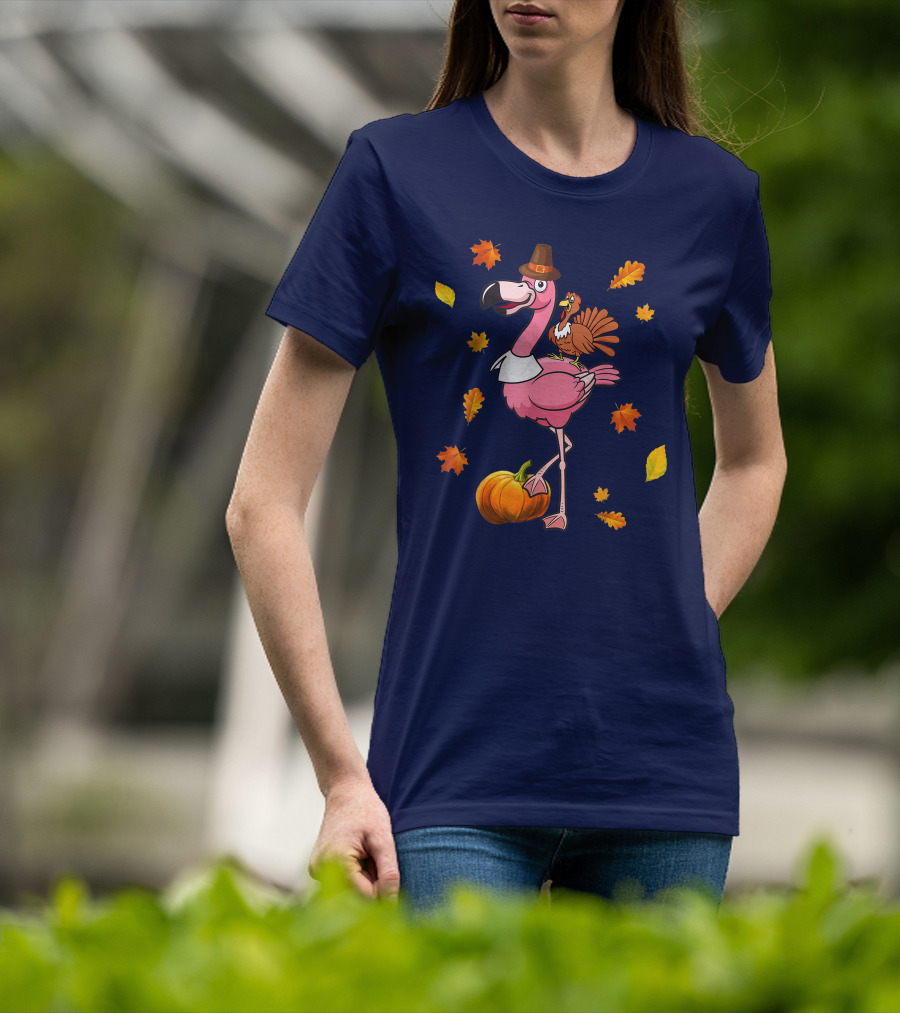 Thanksgiving Flamingo Pilgrim And Turkey With Autumn Leaves And Pumpkin T-Shirt