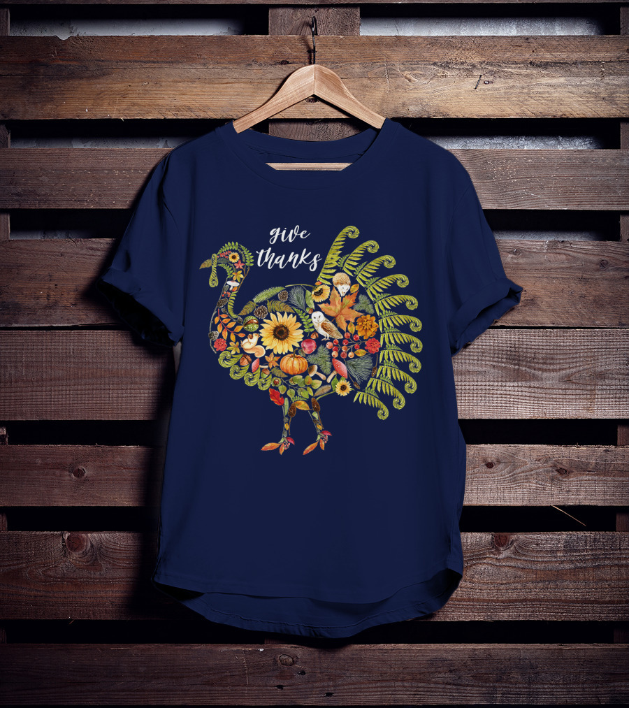 Give Thanks Vintage Autumn Botanical Turkey Thanksgiving T-Shirt