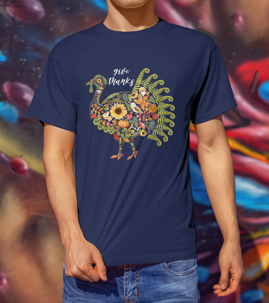 Give Thanks Vintage Autumn Botanical Turkey Thanksgiving T-Shirt